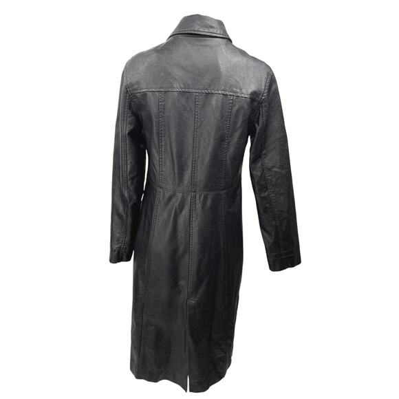 Urban Outfitters Black Faux Vegan Leather  Button Up Long Coat Rain Jacket Sz S - Picture 2 of 5